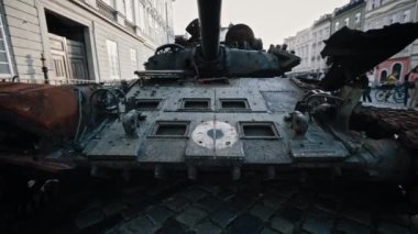 Lviv, Ukraine - August 10, 2022: Destroyed Russian Military Equipment On Display on Rynok Square. Russian-Ukrainian war