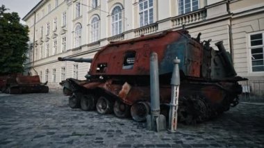 Lviv, Ukraine - August 10, 2022: Destroyed Russian Military Equipment On Display on Rynok Square. Russian-Ukrainian war