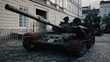 Lviv, Ukraine - August 10, 2022: Destroyed Russian Military Equipment On Display on Rynok Square. Russian-Ukrainian war