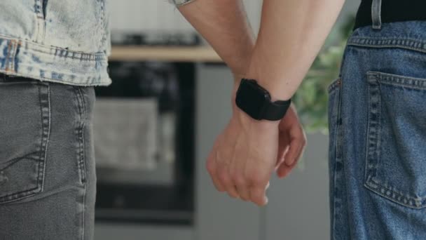 Close Gays Hands Holding Each Other One Partner Wearing Smartwatch — Video Stock