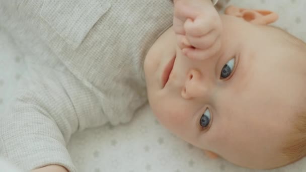 Top View Newborn Baby Lying Cot Wearing Wearing Cute Baby — Video Stock