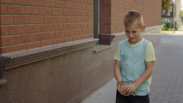 School Boy Holding Paper Puts Correct Bin Paper Boy Learning — Video Stock