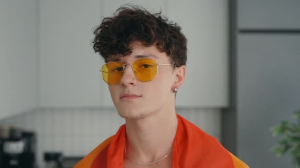 Portrait Shot Young Curly Stylish Gay Man Wearing Yellow Glasses — Stok video