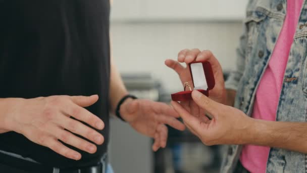 Close View Male Gays Hands Doing Proposal Holding Red Ring — Stok video