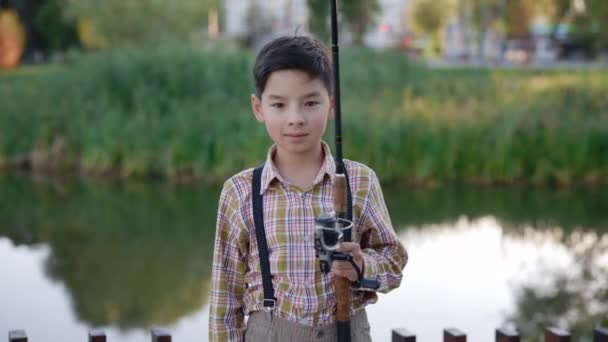 Portrait Young Smiled Boy Wearing Special Clothes Fishing Holding Fishing — Stock videók