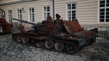 Lviv, Ukraine - August 10, 2022: Destroyed Russian Military Equipment On Display on Rynok Square. Russian-Ukrainian war