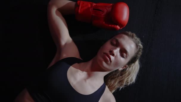 Tired Boxer Woman Lying Hard Training Boxing Gym Wearing Sport — Wideo stockowe