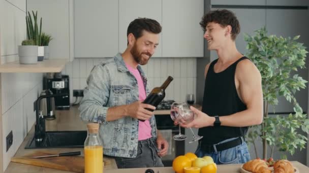 Gays Couple Love Having Fun Drinking Wine Talking Preparing Meal — Stockvideo