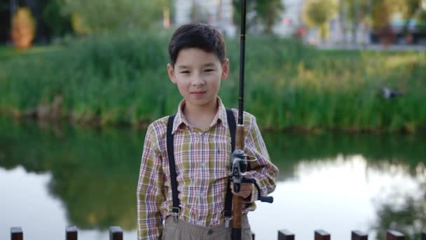 Portrait Young Smiled Boy Wearing Special Clothes Fishing Holding Fishing — Stock videók