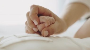 Close view of the mother hand holding the newborn baby hand on the white background. Mothers love and care, protection of children, adoption, babyhood concept