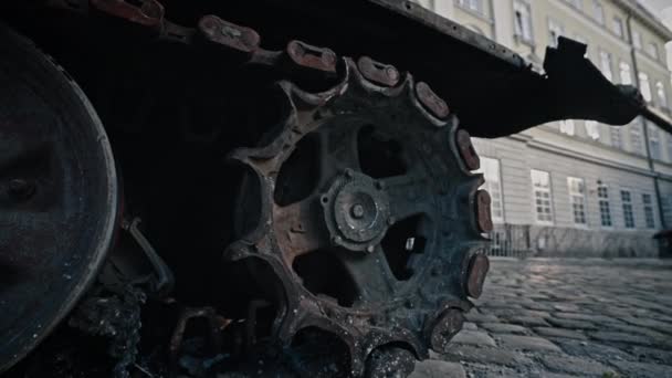 Caterpillar Wheels Track Burned Out Russian Tank Close Soldier Hand — 图库视频影像