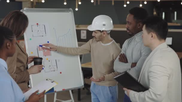 Caucasian Male Architect Helmet Casual Wear Standing Flip Chart Discussing — Video