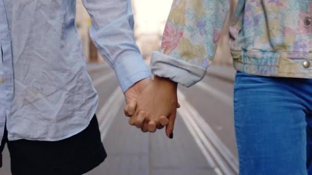 两个女同性恋手牵着手Lgbt夫妇 手牵手 触摸对方 感觉爱当他们在一起 靠近点妇女关系 Lgbt概念 — 图库视频影像