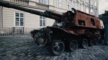 Lviv, Ukraine - August 10, 2022: Destroyed Russian Military Equipment On Display on Rynok Square. Russian-Ukrainian war