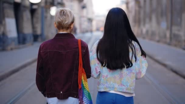 Vista Trasera Pareja Lesbiana Caminando Pasando Tiempo Juntos Hablando Mirándose — Vídeos de Stock