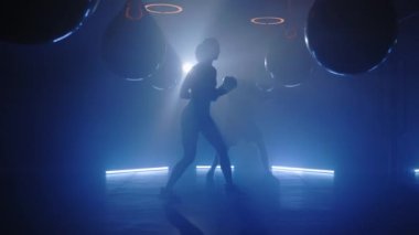 Gölge savaşı. Boksör kadın ve erkek silueti büyük bir dövüşe hazırlanıyor. Başroller oynuyor ve diğerleri büyük bir yumruk gücüyle kancayı takıyor. Kadın boksör gölgesi ve dumanlı arka plandaki erkek.