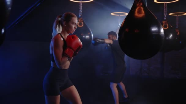 Beautiful Sporty Woman Caucasian Strong Female Boxer Punching Bag Gym — Stock Video
