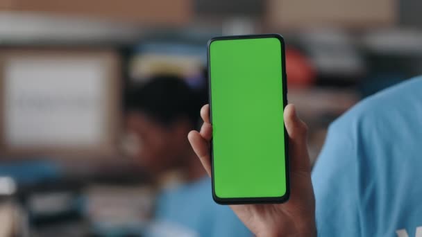 Caucasian Man Holding Smartphone Green Mock Screen Showing Camera While — Stock Video