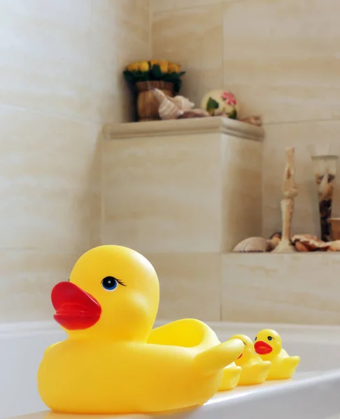 Patos Juguete Amarillo Para Bañar Niños Pequeños Parados Borde Bañera — Foto de Stock