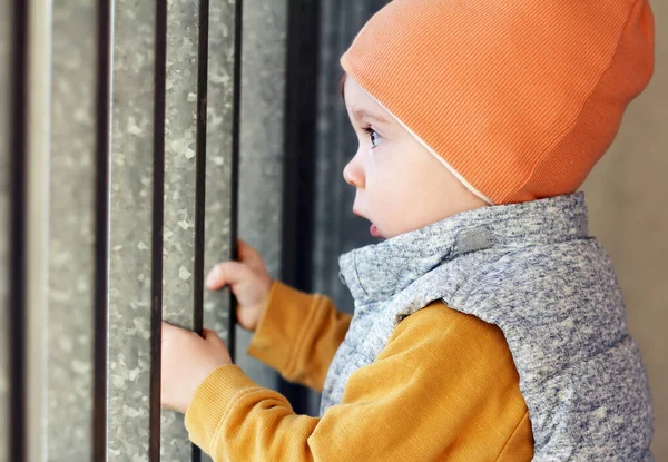 One Year Old Baby Holding Gate Gdynia Poland — 스톡 사진