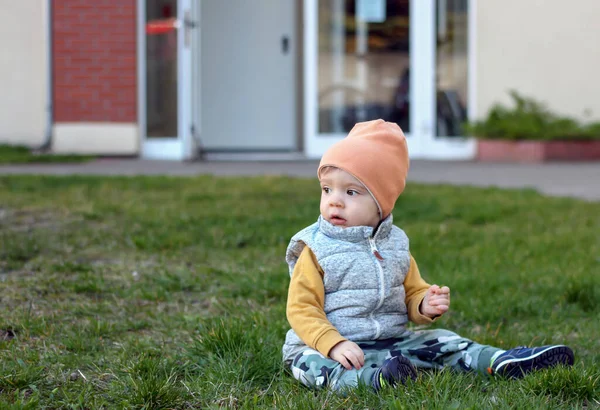 Portrait One Year Old Baby Boy Sitting Lawn Gdynia Poland — 스톡 사진