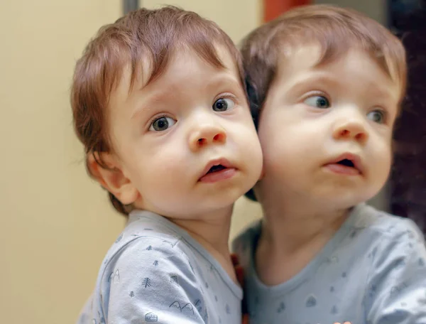 Portrait One Year Old Boy Reflected Mirror — 스톡 사진