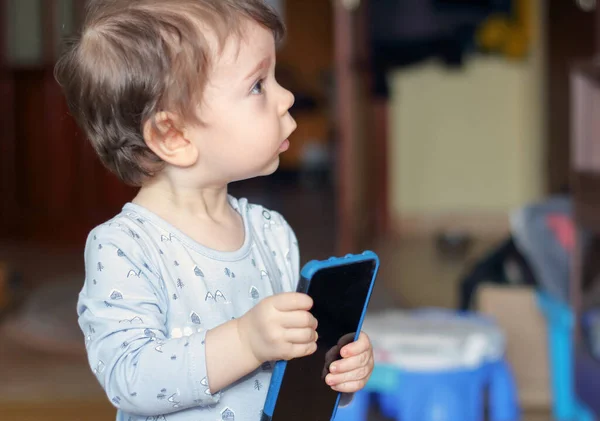 One Year Old Boy Holding Blue Mobile Phone His Hands — 스톡 사진