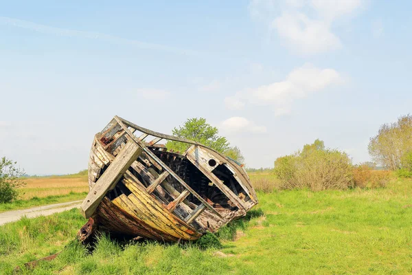 Polonya 'da bir çayırda bulunan ahşap bir tekne enkazı.