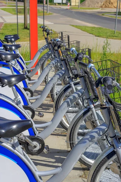 City bikes lined up in a row in Poland