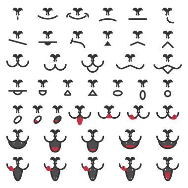 Çeşitli duyguları olan kedi ve köpek yüzleri. Açık ya da kapalı ağız ve gerçekçi burun. Gülümse, neşe, öfke, üzüntü. Vektör illüstrasyon simgeleri.