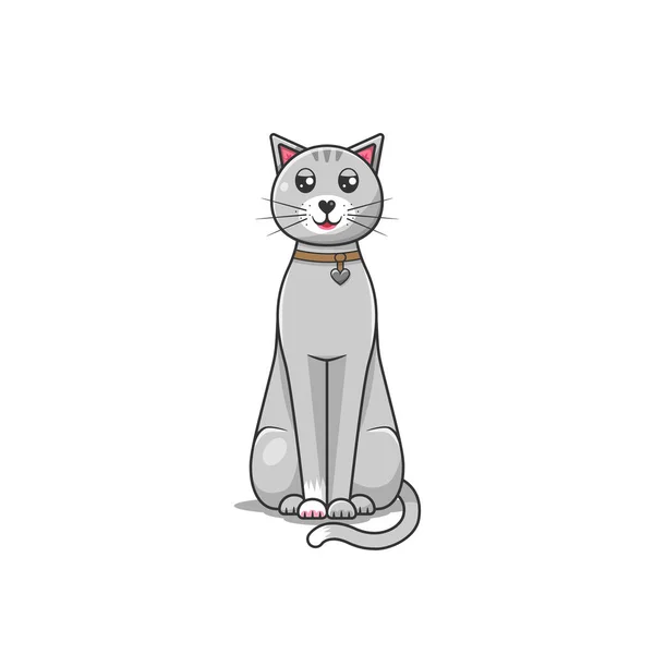 Lindo Gato Línea Gris Con Collar Colgante Forma Corazón Mascota — Vector de stock