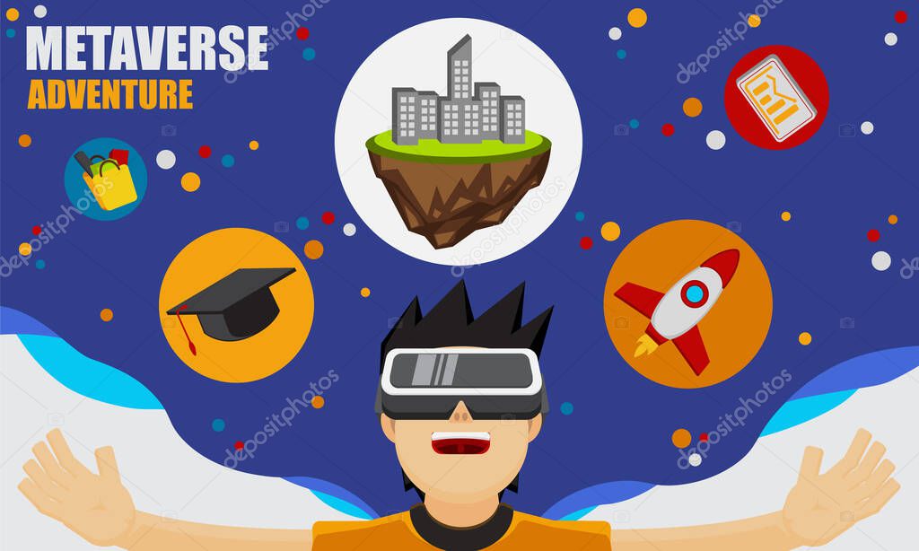 illustration graphic vector metaverse travel character cartoon wear virtual reality device for any content about metaverse.