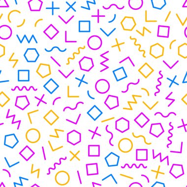 Memphis stilinde geometrik soyut bir arkaplan. Geometrik şekilli, kusursuz, yaratıcı bir retro model. Hippi dokusu. Vektör illüstrasyonu