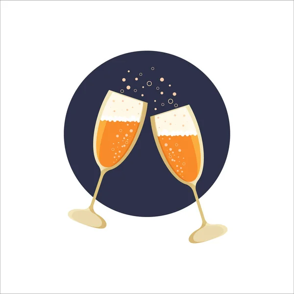 シャンパン 泡のついた2つのクリンクグラス 記念日のアイコン パーティーロゴ ベクトル平図 — ストックベクタ