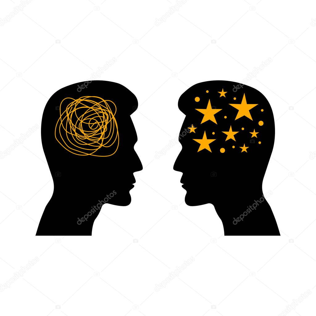 Solving business problems, coaching, dream. Two male profiles, communication, conversation. Vector illustration