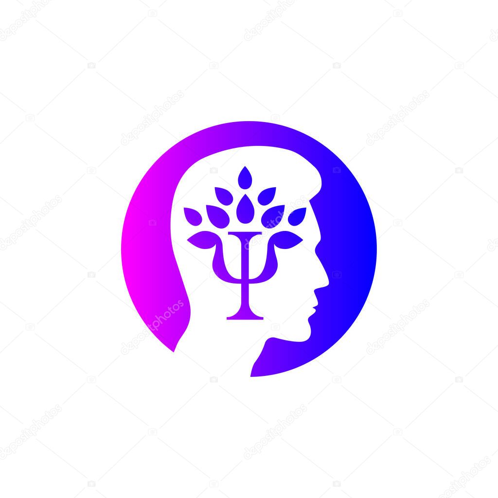 Profile of man, letter psi and tree with leaves. Psychology sign. Therapy flat icon. Psychotherapy logo. Vector minimal illustration