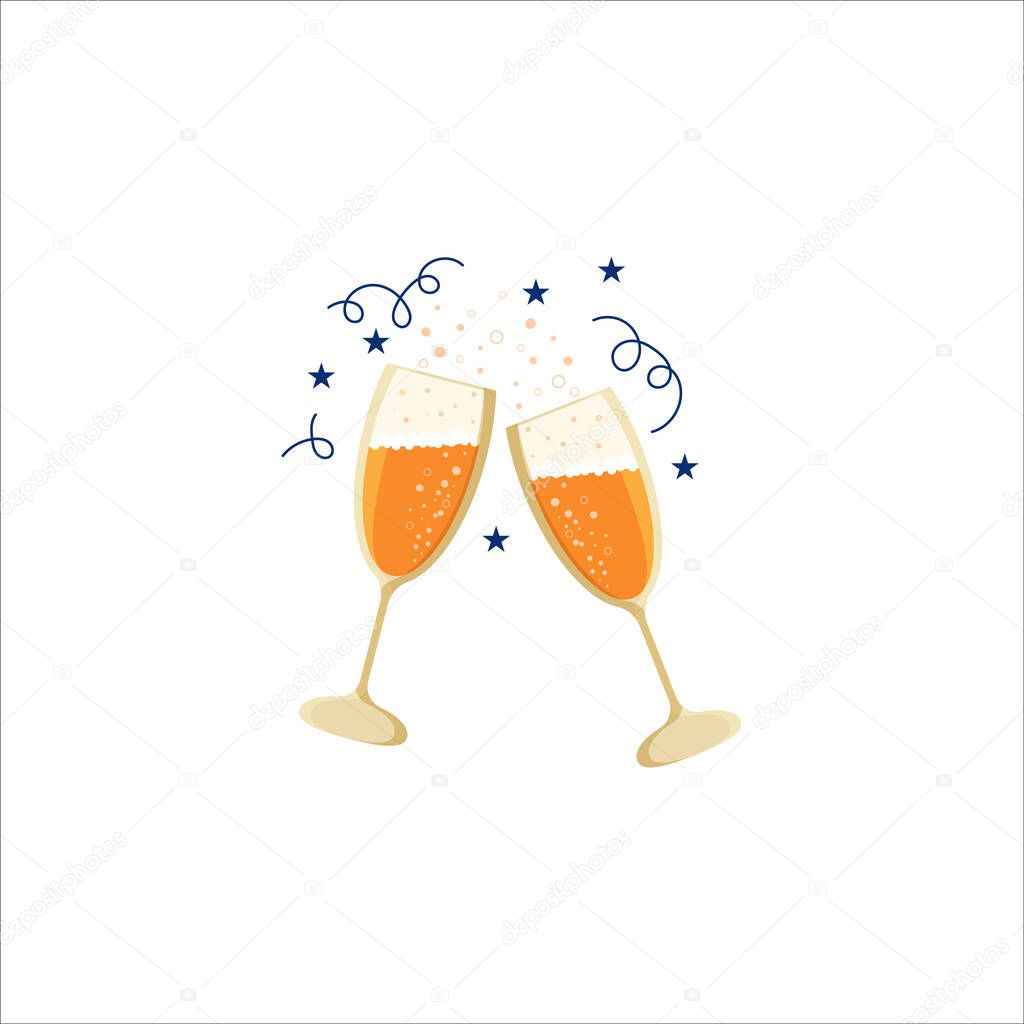 Champagne, two clinking glasses with bubbles. Anniversary celebration icon. Holiday, party logo. Vector flat illustration
