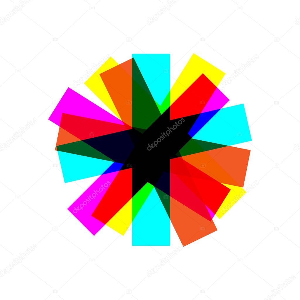 Abstract geometric bright colorful snowflake. Colorful design element. Vibrant art