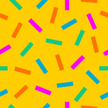 Çörek ve çörek için serp. Memphis tarzı arka plan. Renkli geometrik çizgilerle kusursuz desen. Parti için örnek. Soyut geometrik duvar kağıdı