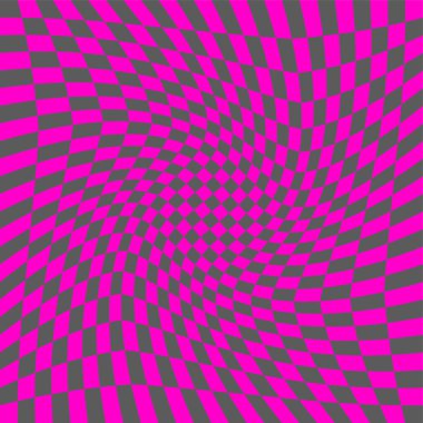 Dağılmış yüzey. Satranç arka planında bozulma. Optik illüzyon pankartı. Op sanat arkaplanı. Vektör çizimi. Damalı eğri desen.