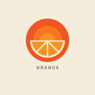 Turuncu minimal düz logo. Meyve suyu ikonu. Geometrik turuncu işaret. Tatlı meyve konsepti. Vektör illüstrasyonu