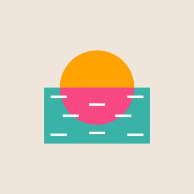 Güneş ve deniz minimum geometrik basit logo. Güneş ve dalgalar, seyahat ikonu. Spa tatil köyü konsepti. Benzersiz bir logoti. Tropikal manzara