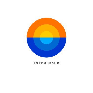 Güneş ve deniz minimum geometrik basit logo. Güneş ve dalgalar, seyahat ikonu. Spa tatil köyü konsepti. Benzersiz bir logoti. Tropikal manzara