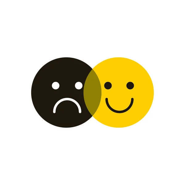 Sad and happy faces. Bipolar disorder logo. Psychology sign. Positive and negative emotions. Happy and unhappy people. Vector illustration