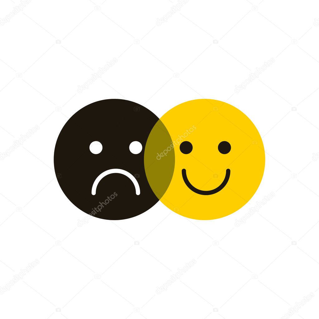 Sad and happy faces. Bipolar disorder logo. Psychology sign. Positive and negative emotions. Happy and unhappy people. Vector illustration