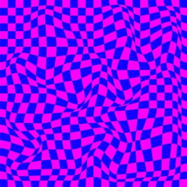Dağılmış yüzey. Satranç arka planında bozulma. Optik illüzyon pankartı. Op sanat arkaplanı. Vektör çizimi. Damalı eğri desen.