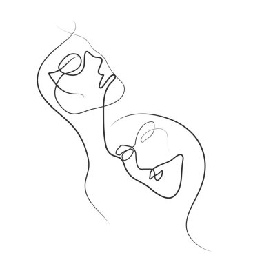 İki kadın sürekli bir çizgi çekiyor. Kızların stilize edilmiş yüzleri. Çağdaş minimal geçitler. Kadın kafalarının birleşimi. Vektör illüstrasyonu