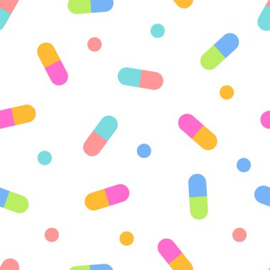 İlaçlar pürüzsüz desen, ilaç dokusu. Vitaminler, diyet takviyeleri. Tablet kalıpları. Vektör illüstrasyonu
