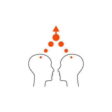 Görüş, etkileşim simgesi. Ağ kurma, empati logosu. İki kişinin profili ve ok yukarı. Takım çalışması işareti. İş piktogramı. Grup çalışması logosu