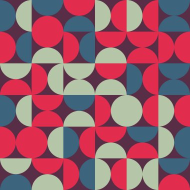 Bauhaus geometrik kusursuz arka plan. Döngü şeklinde daireler. Renkli moda tamplağı. Vektör hipster deseni. Bayrağı tekrarla
